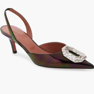 Amina Muaddi Camelia Pointed Toe Slingback in Petrol Patent